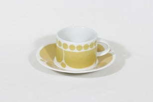 Arabia Sunnuntai teekuppi, keltainen, suunnittelija Birger Kaipiainen, serikuva, retro