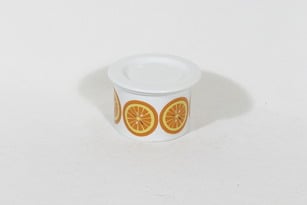 Arabia Pomona purnukka, appelsiini, suunnittelija Raija Uosikkinen, appelsiini, serikuva, retro
