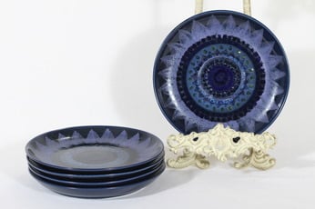 Arabia Kuutamo lautaset, käsinmaalattu, 5 kpl, suunnittelija Hilkka-Liisa Ahola, käsinmaalattu, pieni, signeerattu
