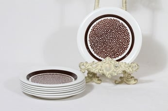 Arabia Faenza lautaset, Ruskeakukka, 7 kpl, suunnittelija Inkeri Seppälä, Ruskeakukka, pieni, serikuva, retro