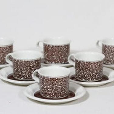 Arabia Faenza kahvikupit, Ruskeakukka, 6 kpl, suunnittelija Inkeri Seppälä, Ruskeakukka, serikuva, retro