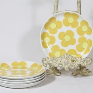Arabia Aurinko leivoslautaset, keltainen, 5 kpl, suunnittelija Esteri Tomula, pieni, serikuva, retro