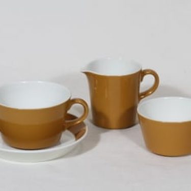 Arabia Palapeli sokerikko, kermakko ja teekuppi, oranssi lasite, suunnittelija Kaarina Aho,