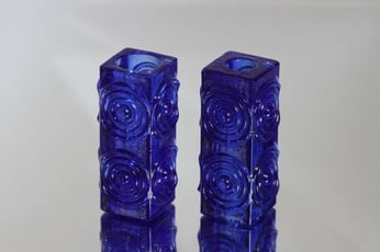Riihimäen lasi Rengas kynttilänjalat, koboltinsininen, 2 kpl, suunnittelija Tamara Aladin, retro