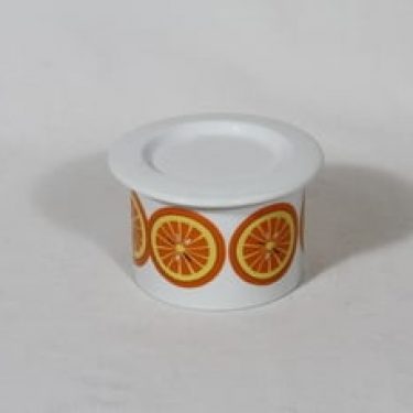 Arabia Pomona purnukka, appelsiini, suunnittelija Raija Uosikkinen, appelsiini, pieni, serikuva, retro