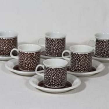 Arabia Faenza kahvikupit, Ruskeakukka, 6 kpl, suunnittelija Inkeri Seppälä, Ruskeakukka, serikuva