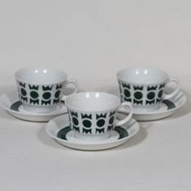Arabia retrokuvio kahvikupit, vihreä, 3 kpl, suunnittelija Greta-Lisa Jäderholm-Snellman, puhalluskoriste, retro