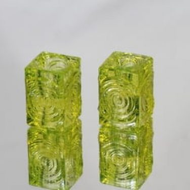 Riihimäen lasi Rengas kynttilänjalat, keltainen, 2 kpl, suunnittelija Tamara Aladin, pieni, retro
