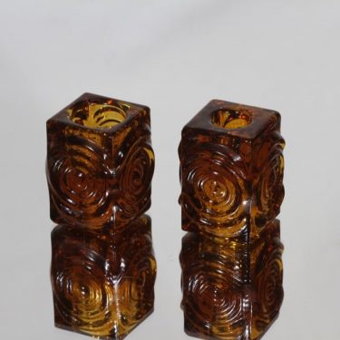 Riihimäen lasi Rengas kynttilänjalat, ruskea, 2 kpl, suunnittelija Tamara Aladin, pieni, retro