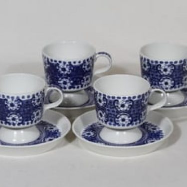 Arabia Ali kahvikupit, sininen, 4 kpl, suunnittelija Raija Uosikkinen, kuparipainokoriste