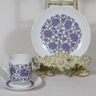 Arabia Ansa kahvikuppi ja lautanen, suunnittelija Esteri Tomula, serikuva, retro