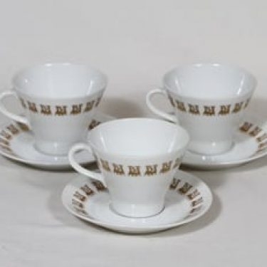 Arabia tilattu koriste kahvikupit, 3 kpl, suunnittelija Kaarina Aho, kultakoriste, art deco