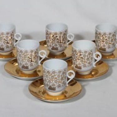 Arabia Mira kahvikupit, 6 kpl, suunnittelija Esteri Tomula, serikuva, kullattu