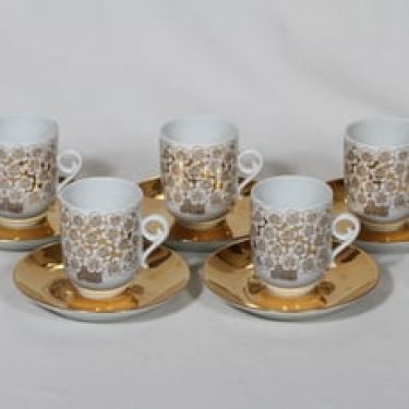 Arabia Mira kahvikupit, 5 kpl, suunnittelija Esteri Tomula, serikuva, kullattu