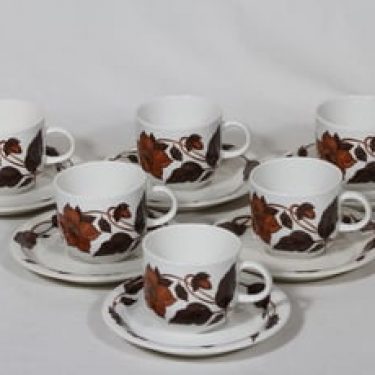 Arabia Cafe kahvikupit, ruskea, 6 kpl, suunnittelija Gunvor Olin-Grönqvist, serikuva, kukka-aihe