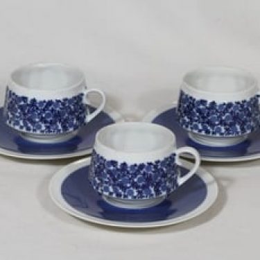 Arabia Doria kahvikupit, sininen, 3 kpl, suunnittelija Raija Uosikkinen, serikuva