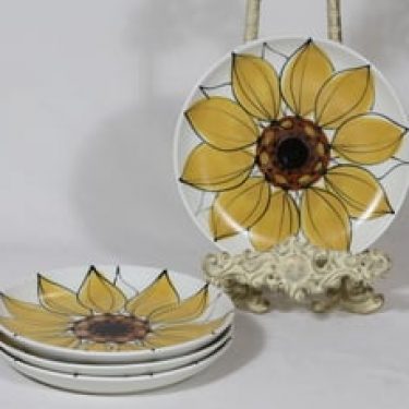Arabia Aurinkoruusu lautaset, pieni, 4 kpl, suunnittelija Hilkka-Liisa Ahola, pieni, käsinmaalattu, kukka-aihe, signeerattu