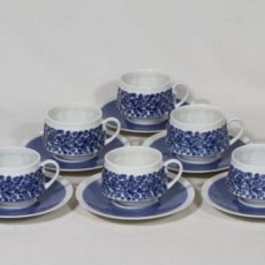 Arabia Doria kahvikupit, sininen, 6 kpl, suunnittelija Raija Uosikkinen, serikuva