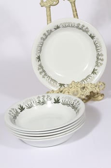 Arabia Polaris lautaset, syvä, 6 kpl, suunnittelija Raija Uosikkinen, syvä, serikuva, kukka-aihe
