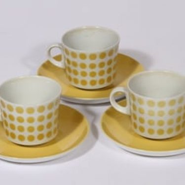 Arabia Pop kahvikupit, keltainen, 3 kpl, suunnittelija Göran Bäck, puhalluskoriste, retro