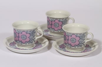 Arabia Violetta kahvikupit, vaaleanpunainen, 3 kpl, suunnittelija Raija Uosikkinen, serikuva, retro