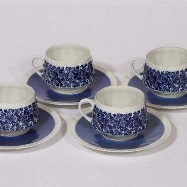 Arabia Doria kahvikupit, sininen, 4 kpl, suunnittelija Raija Uosikkinen, serikuva