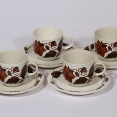 Arabia Tea for two kahvikupit, ruskea, 4 kpl, suunnittelija Gunvor Olin-Grönqvist, serikuva