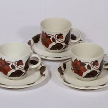 Arabia Tea for two kahvikupit, ruskea, 3 kpl, suunnittelija Gunvor Olin-Grönqvist, serikuva