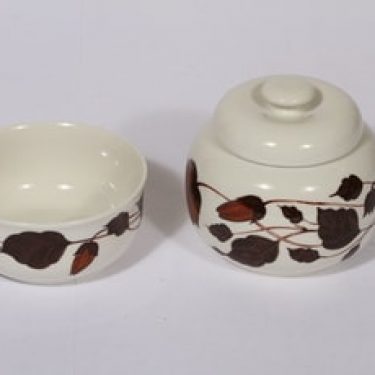 Arabia Tea for two sokerikko ja makeiskulho, ruskea, suunnittelija Gunvor Olin-Grönqvist, serikuva