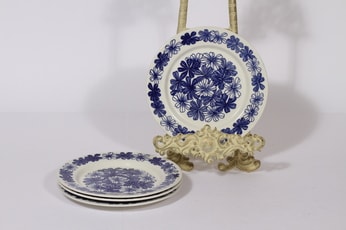 Arabia Sinikukka lautaset, sininen, 4 kpl, suunnittelija Esteri Tomula, serikuva, lehti-aihe, pieni
