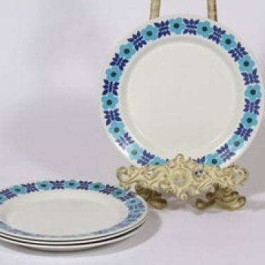 Arabia Ahmet lautaset, sininen, 4 kpl, suunnittelija Raija Uosikkinen, pieni, serikuva, retro
