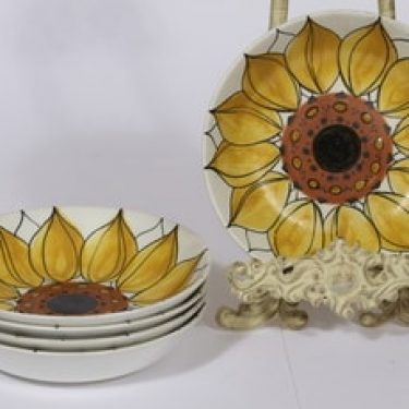 Arabia Aurinkoruusu lautaset, syvä, 5 kpl, suunnittelija Hilkka-Liisa Ahola, syvä, käsinmaalattu, signeerattu