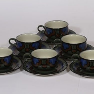 Arabia Kalevala kahvikupit, käsinmaalattu, 6 kpl, suunnittelija Peter Winqvist, käsinmaalattu, signeerattu, retro