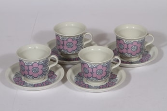 Arabia Violetta kahvikupit, vaaleanpunainen, 4 kpl, suunnittelija Raija Uosikkinen, serikuva, retro