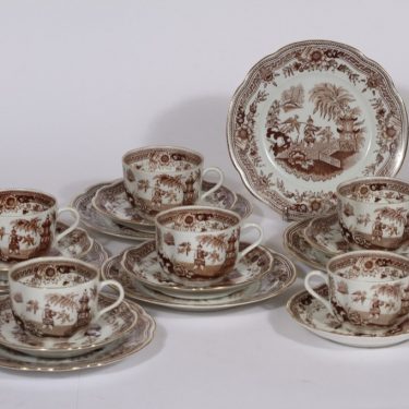Arabia Singapore coffee cup, saucer and plate, brown, 6 pcs, oriental theme