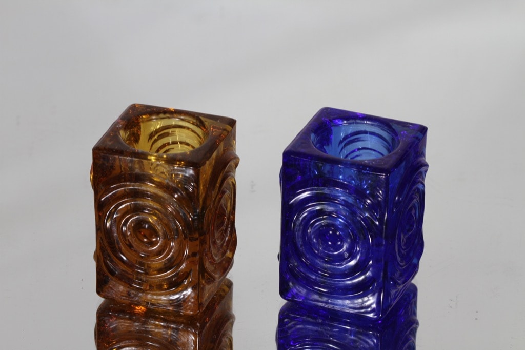 Riihimäen lasi Rengas kynttilänjalat, amber|sininen, 2 kpl, suunnittelija Tamara Aladin, pieni