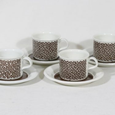 Arabia Faenza kahvikupit, ruskeakukka, 4 kpl, suunnittelija Inkeri Seppälä, ruskeakukka