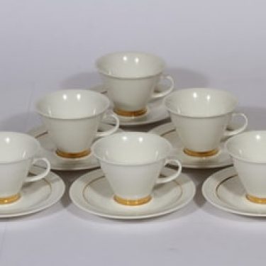 Arabia Harlekin Gold kahvikupit, valkoinen, 6 kpl, suunnittelija Inkeri leivo, kultaraita