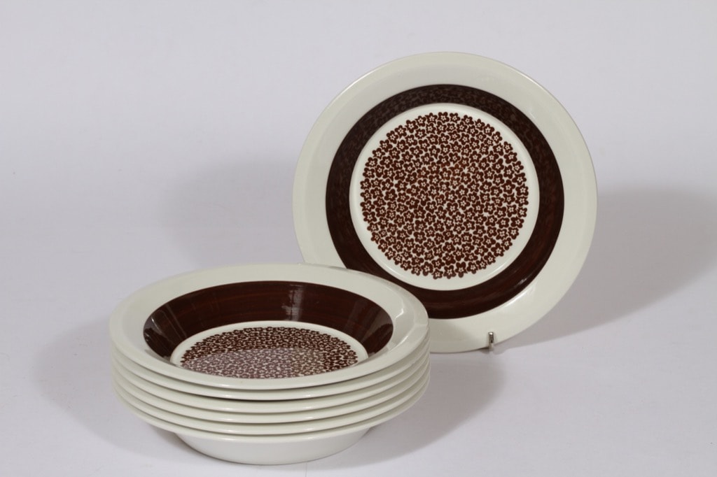 Arabia Faenza lautaset, syvä, 7 kpl, suunnittelija Inkeri Seppälä, syvä, serikuva