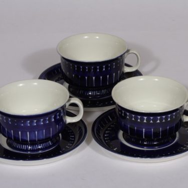 Arabia Valencia teekupit, sininen, 3 kpl, suunnittelija Ulla Procope, käsinmaalattu, signeerattu