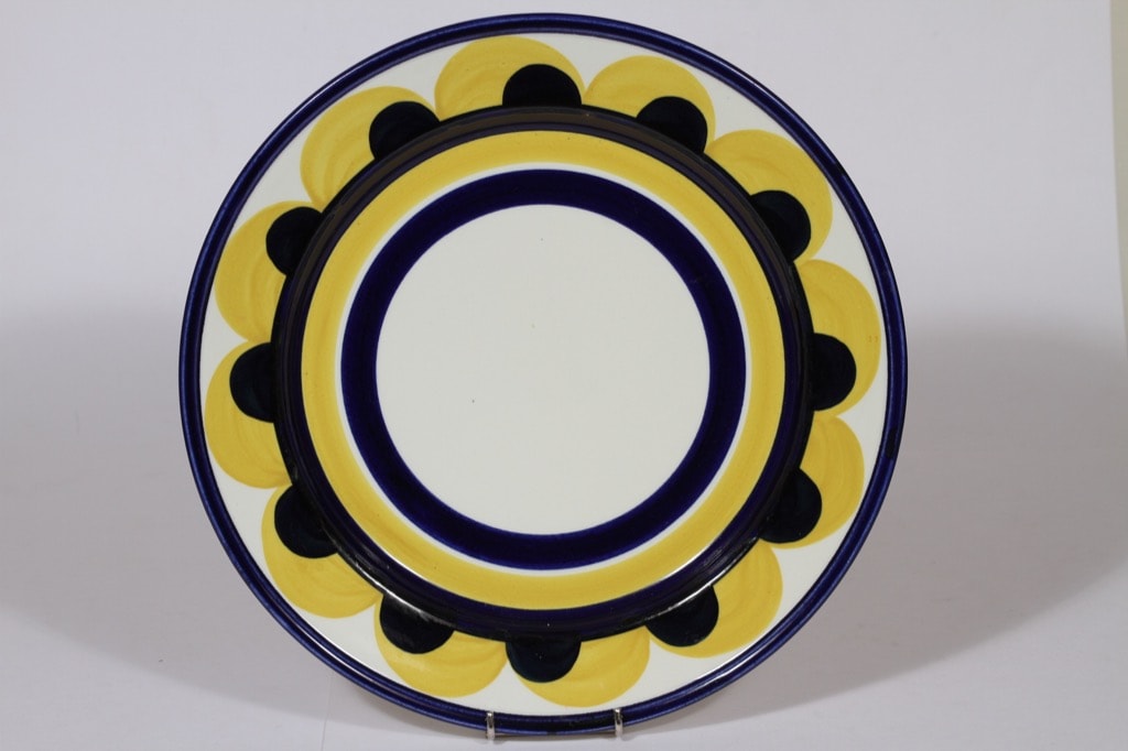 Arabia Paju vati, sininen-keltainen, suunnittelija Anja Jaatinen-Winquist, suuri, käsinmaalattu, retro