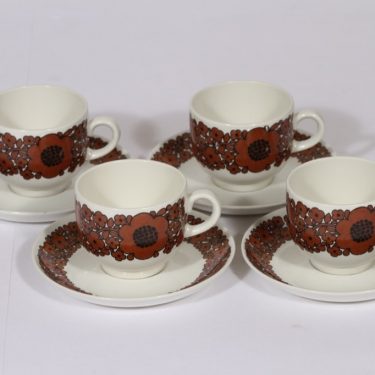 Arabia Suhina kahvikupit, ruskea, 4 kpl, suunnittelija , serikuva, retro