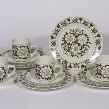Arabia Gardenia kahvikupit ja lautaset, ruskea, 4 kpl, suunnittelija , serikuva, retro