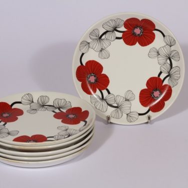 Arabia Isokukka leivoslautaset, punainen, 6 kpl, suunnittelija Esteri Tomula, serikuva, kukka-aihe