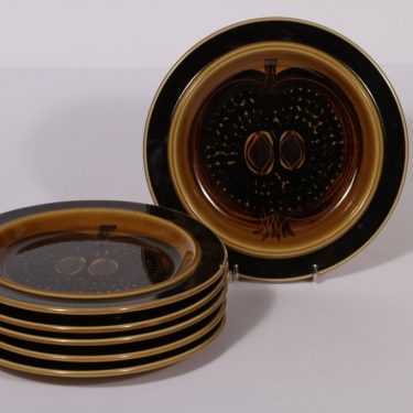 Arabia Fructus lautaset, ruskea, 6 kpl, suunnittelija Gunvor Olin-Grönqvist, pieni, käsinmaalattu