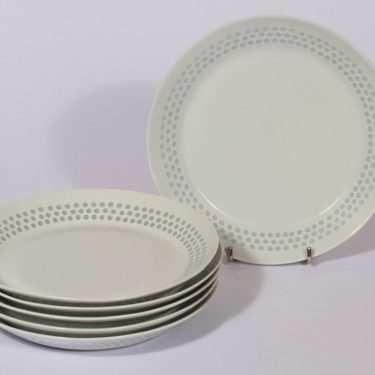 Arabia Helmi lautaset, valkoinen, 6 kpl, suunnittelija Friedl Holzer-Kjellberg, pieni, riisiposliini, massasigneerattu