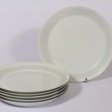 Arabia Helmi lautaset, valkoinen, 6 kpl, suunnittelija Friedl Holzer-Kjellberg, matala, riisiposliini, massasigneerattu