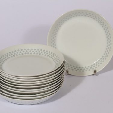 Arabia Helmi lautaset, pieni, 12 kpl, suunnittelija Friedl Holzer-Kjellberg, pieni, riisiposliini, massasigneerattu