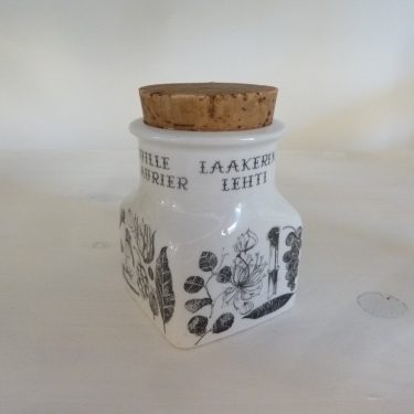 Arabia Maustekuva spice jar, bay leaf, black and white, designer Esteri Tomula, silk screening