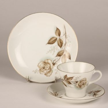 Arabia Juhlaruusu coffee cup, saucer and plate, Raija Uosikkinen